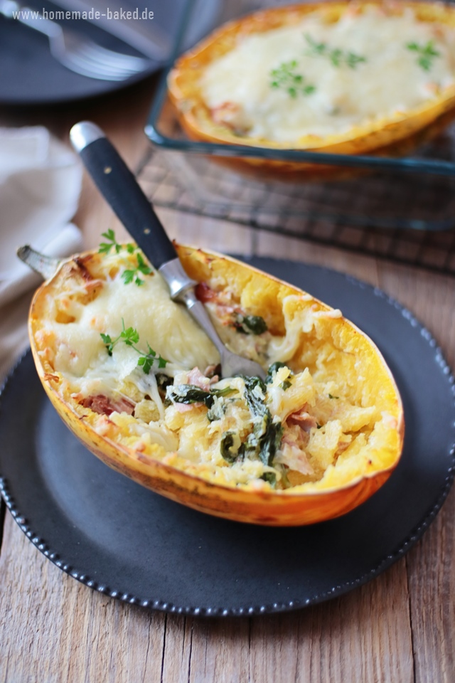 spaghettikuerbis mit spinat schinken fuellung