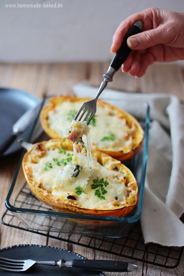 spaghettikuerbis mit spinat schinken fuellung