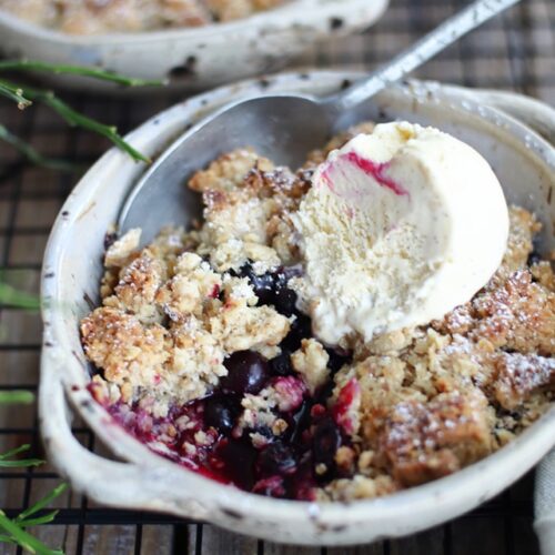 heidelbeer crumble mit haferflocken-streusel und vanilleeis