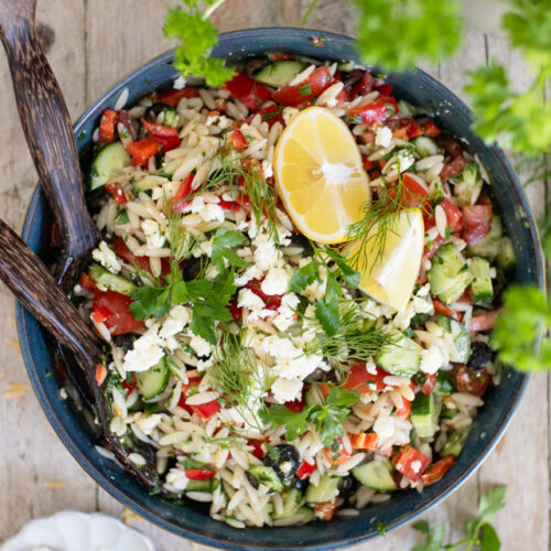 Griechischer Nudelsalat mit Kritharaki-Nudeln - bunt, frisch und schnell gemacht